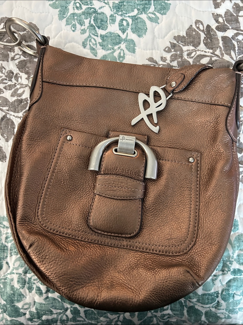 b. makowsky Brown Pebbled Leather Shoulder Bag with Silver Hardware